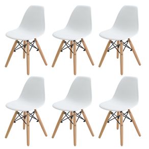 9 Kit 6 Cadeiras Eiffel DKR Infantil Rivatti 31 cm -Largura- Assento em PP Branco e Base em Madeira